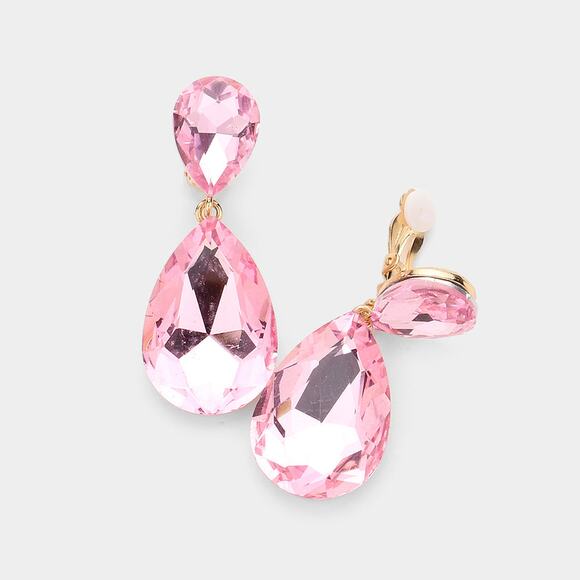 Clip on 2" gold and light pink double teardrop earrings - Picture 1 of 4
